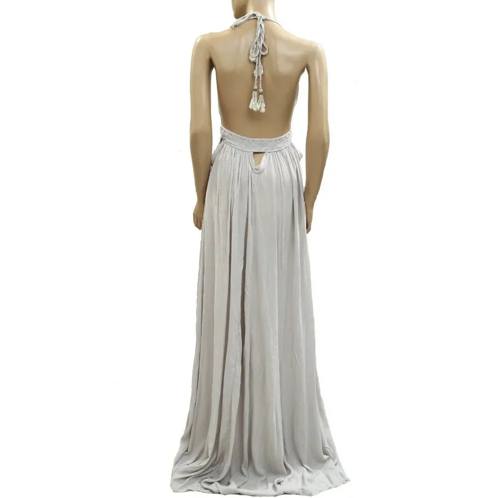 🦋 Free People Look Into the Sun Maxi Dress Halter Cutout Smocked Gray L 286457 - Picture 4 of 4